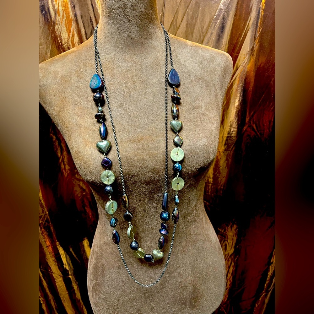 Manouk metal double chain, balls hearts circles creative statement piece